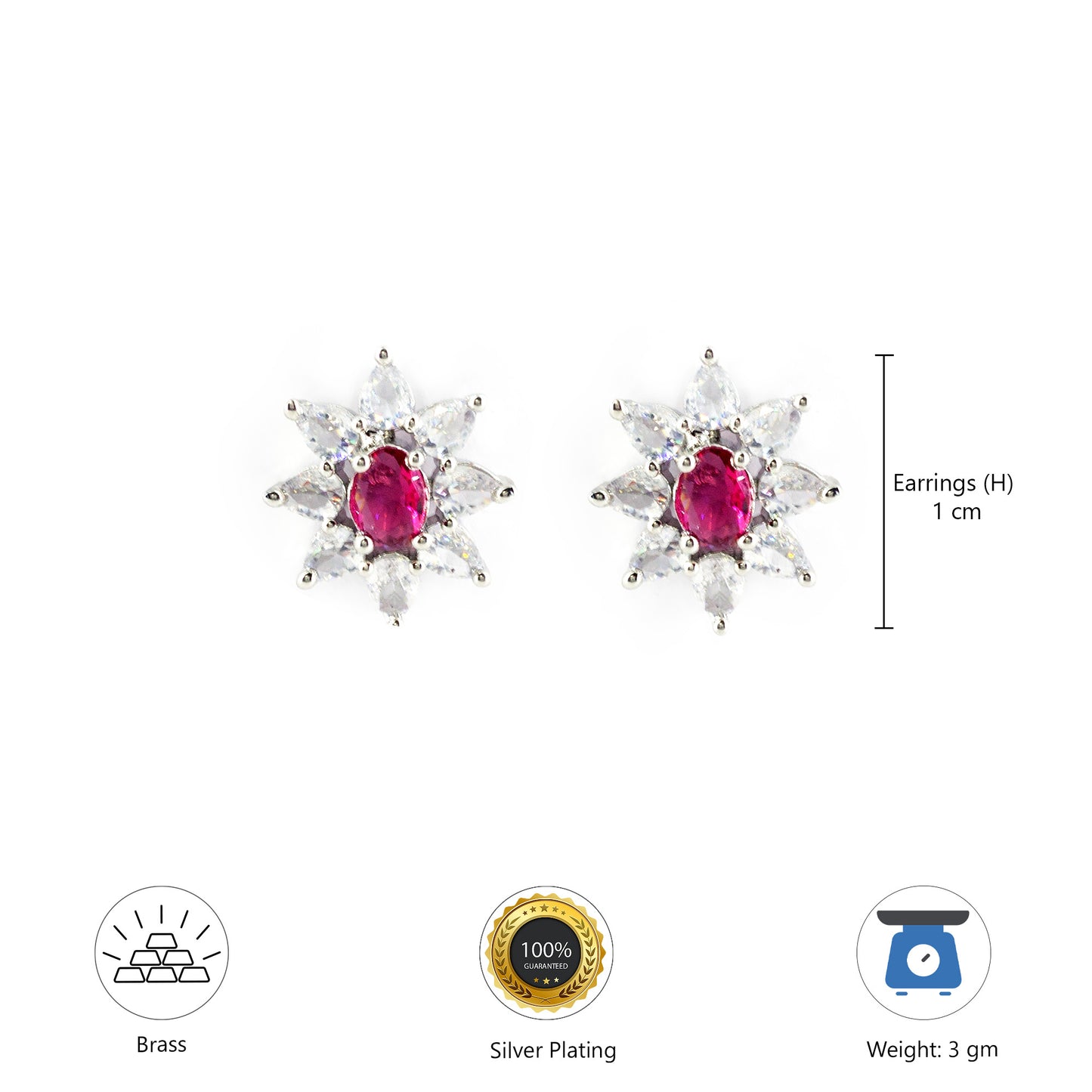 Rhodium Plated Red AD Floral Studs for Women