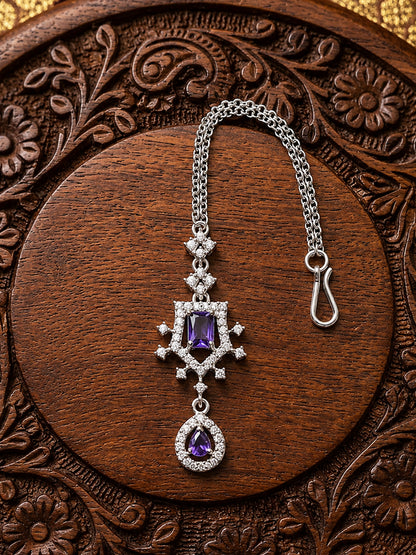 Silver Plated Purple AD Maang Tikka for Women