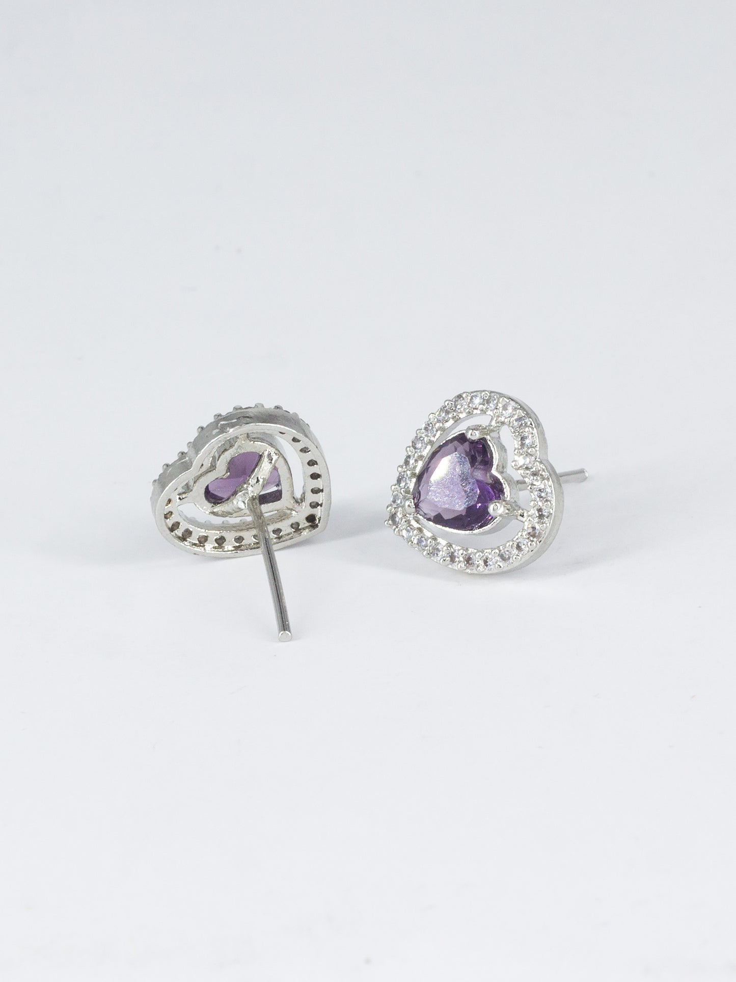 Silver Plated Purple American Diamond Heart Stud Earrings for Women
