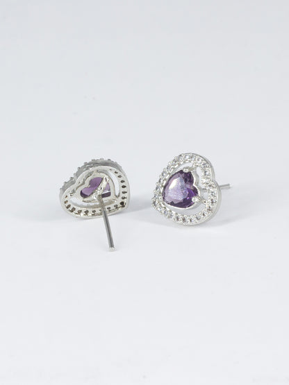 Silver Plated Purple American Diamond Heart Stud Earrings for Women