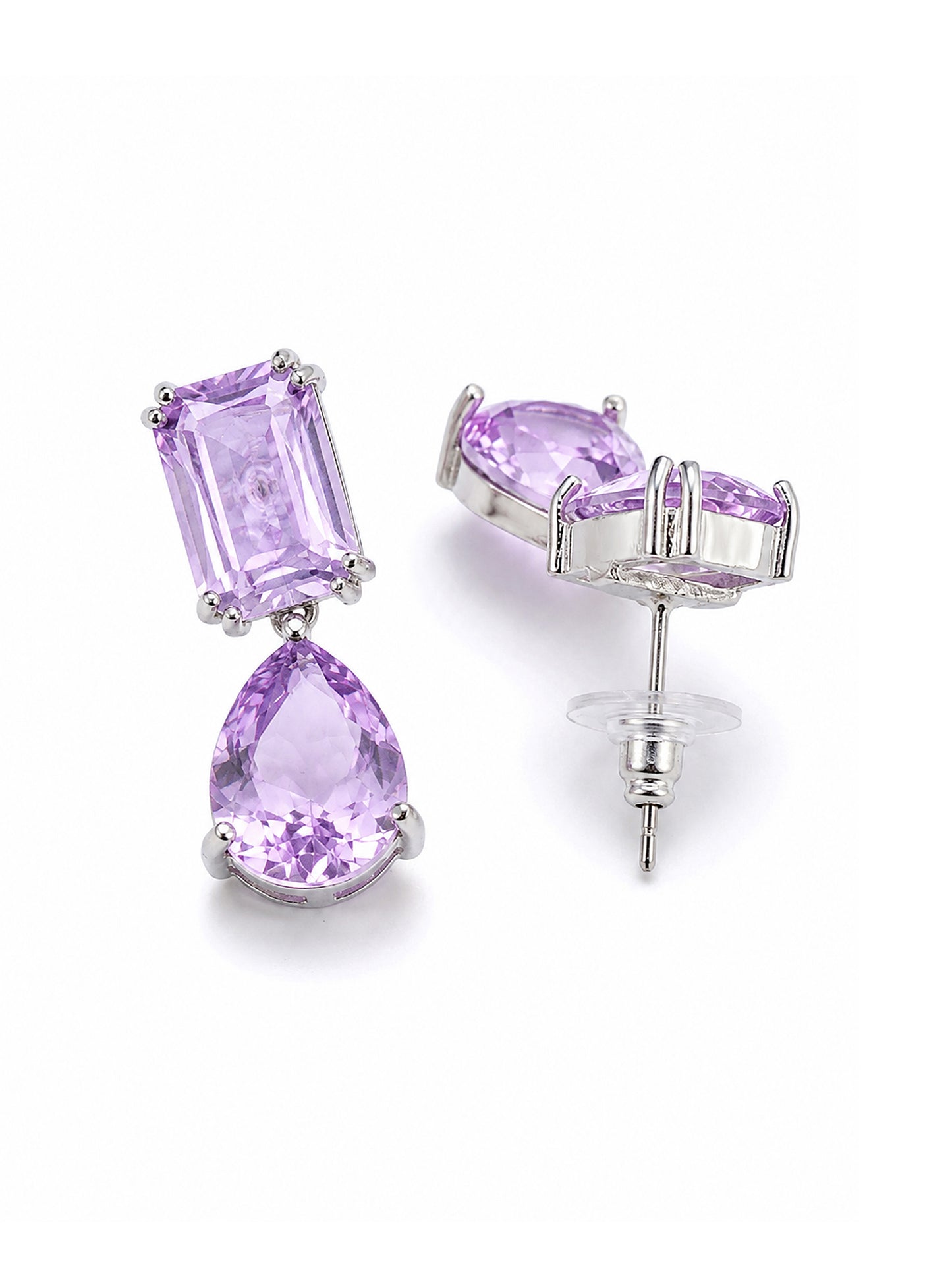 Rhodium Plated Purple American Diamond Teardrop Earrings