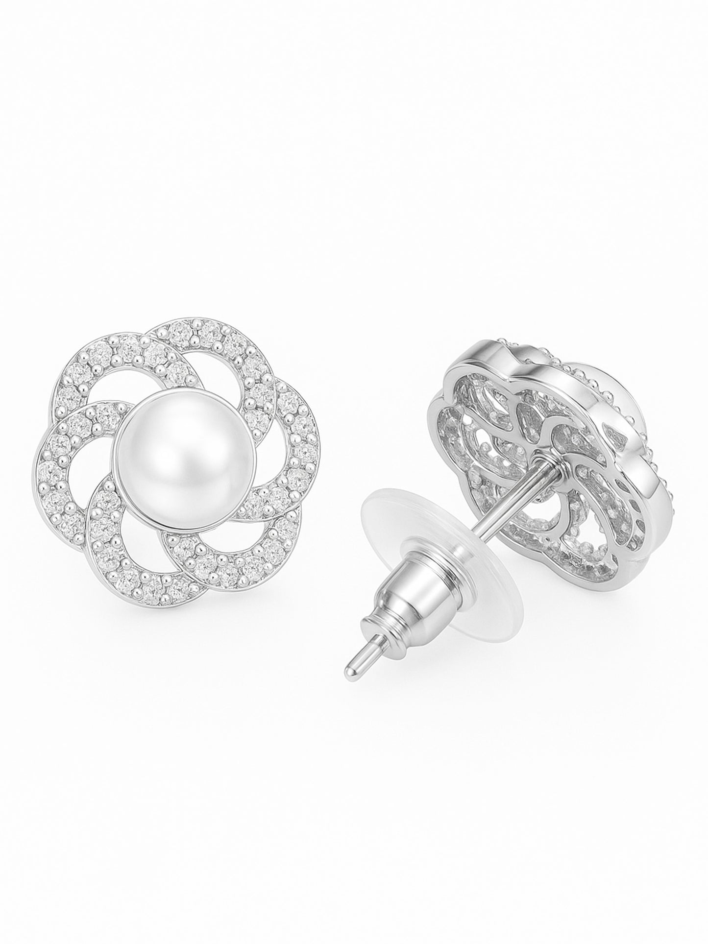 Rhodium Plated AD & Pearl Floral Designer Stud Earrings for Women