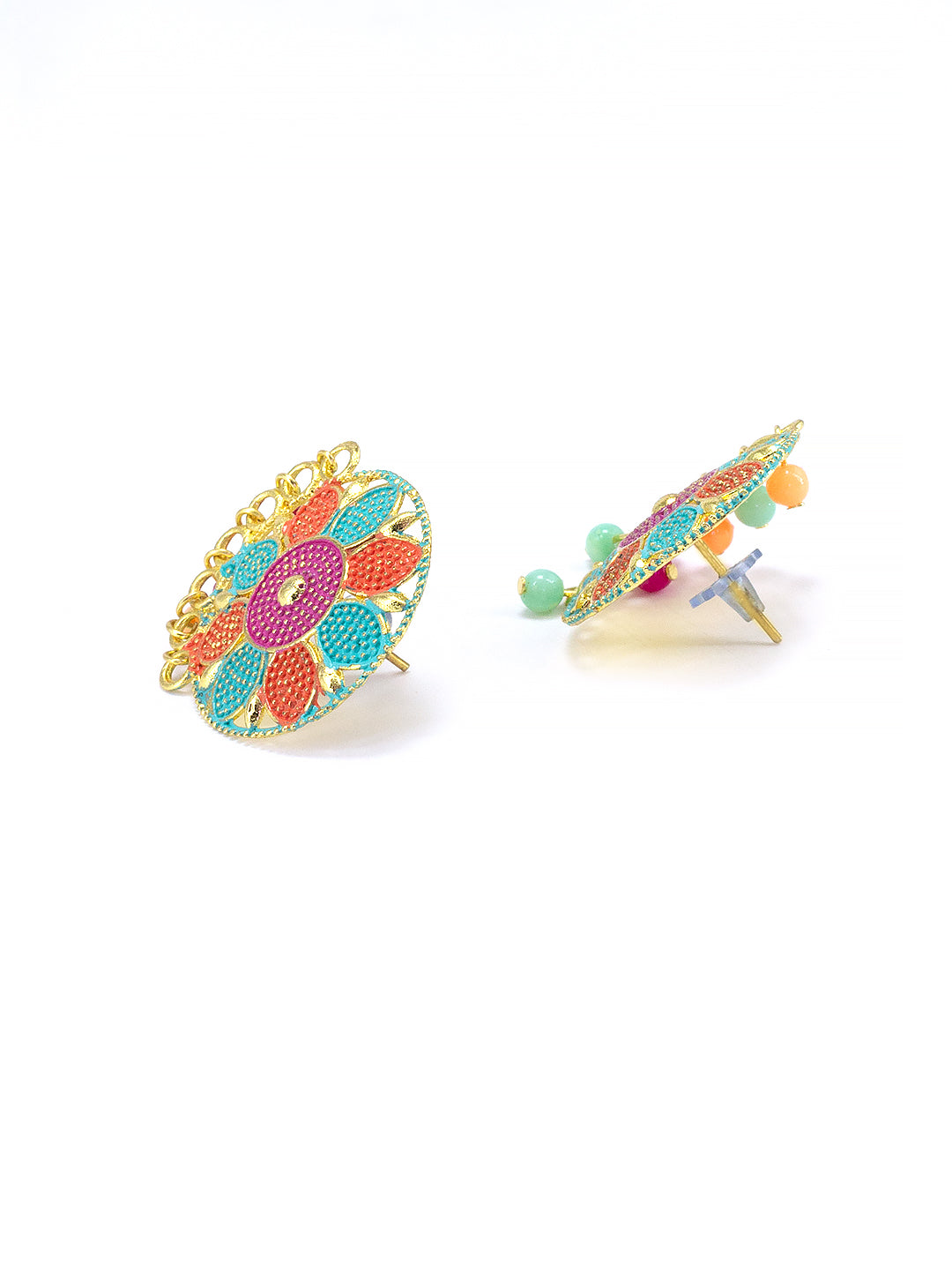 Silver-Plated Circular Floral Multi Color Stud Earrings