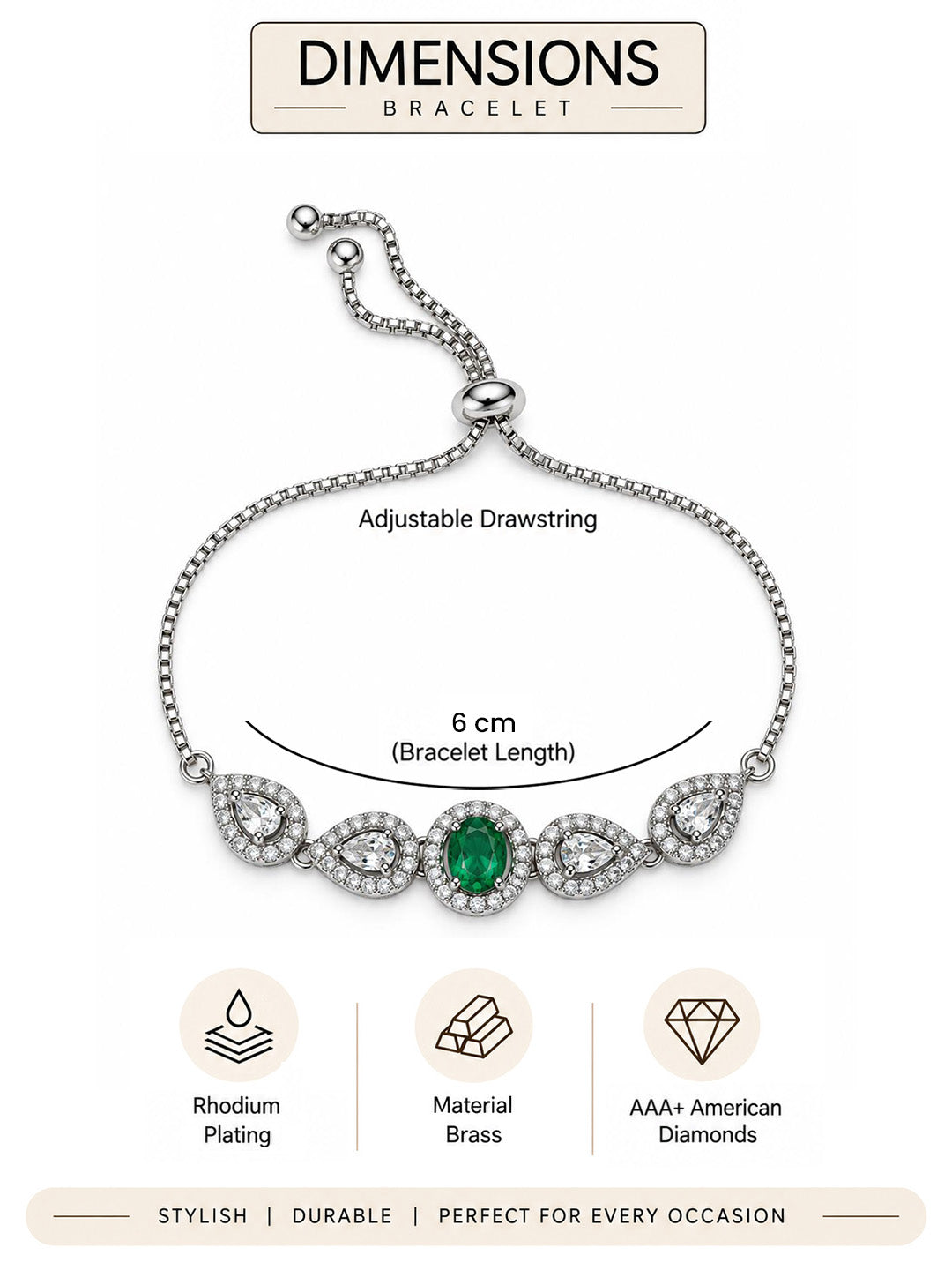 Rhodium Plated Green AD Adjustable Bracelet for Women