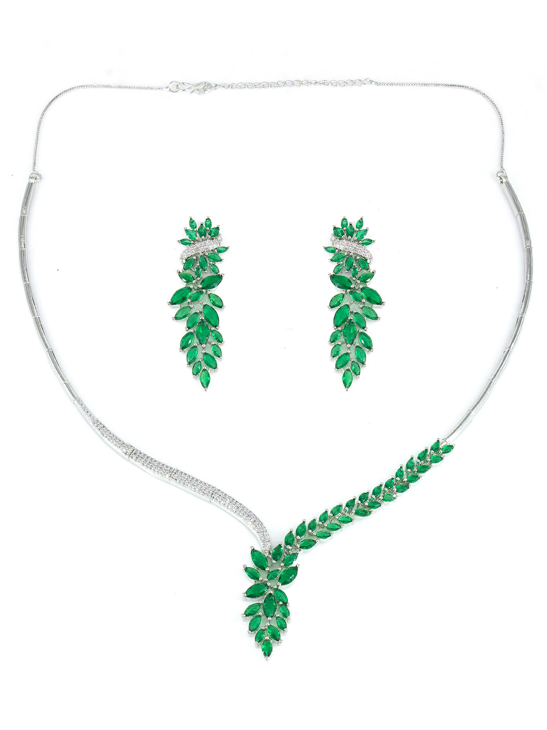 Silver Plated Green AD Designer Floral Sleek Jewellery Set