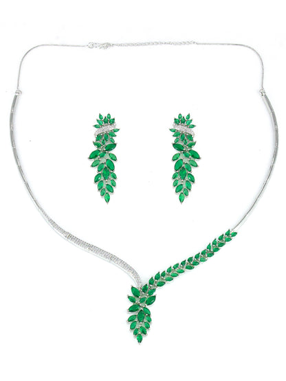 Silver Plated Green AD Designer Floral Sleek Jewellery Set