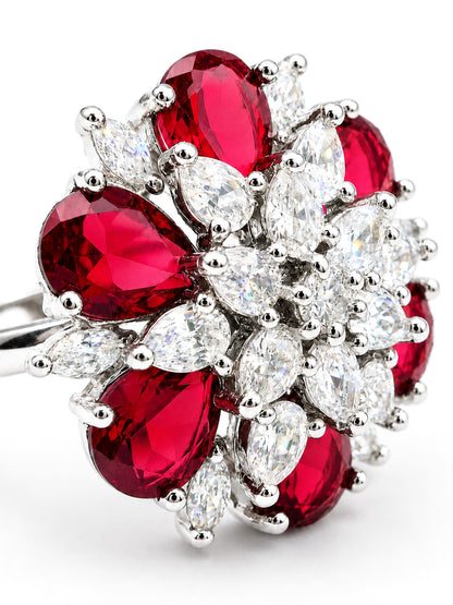 Rhodium Plated Red AD Finger Ring for Women