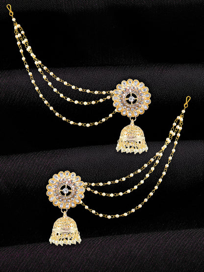 Floral Kundan-Studded & Beads Drop Jhumka Earrings With Ear Chain