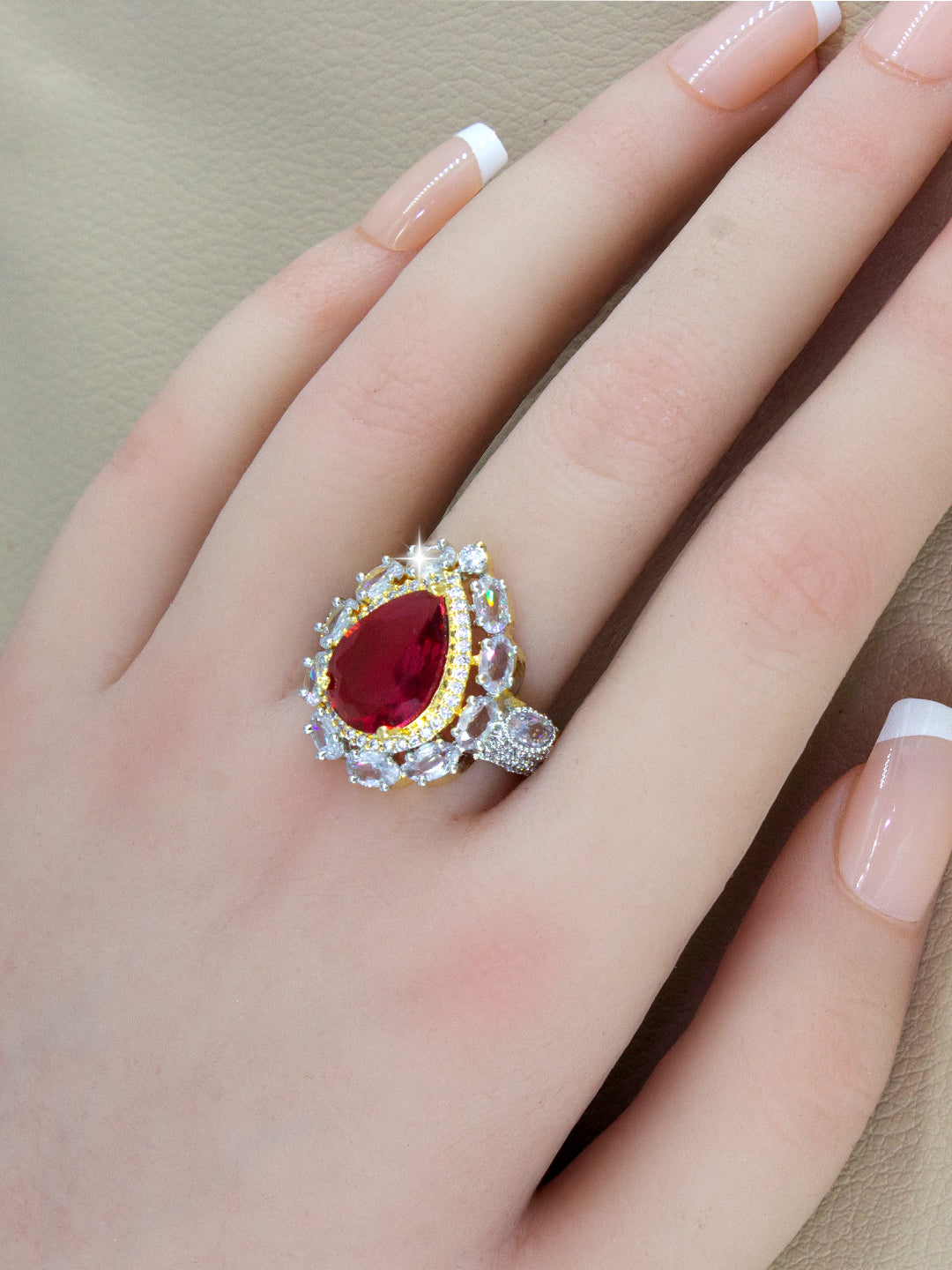 Gold Plated Red AD Adjustable Designer Ring For Women