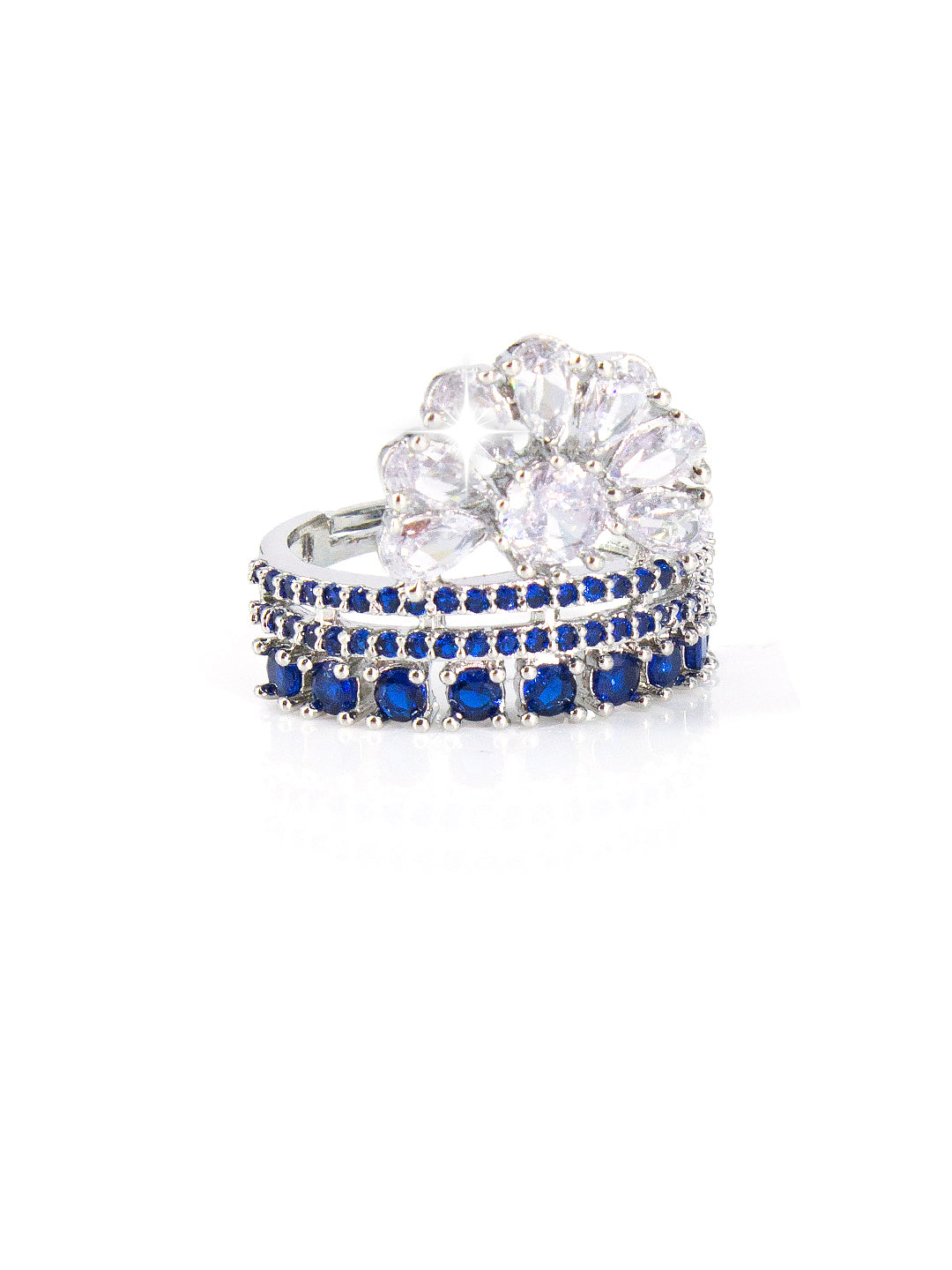 Silver-Plated American-Diamond Studded Floral Design Adjustable Finger Ring