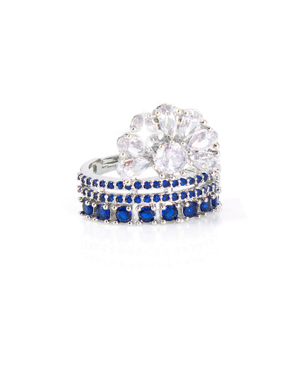 Silver-Plated American-Diamond Studded Floral Design Adjustable Finger Ring