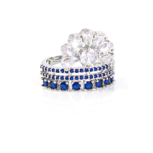 Silver-Plated American-Diamond Studded Floral Design Adjustable Finger Ring