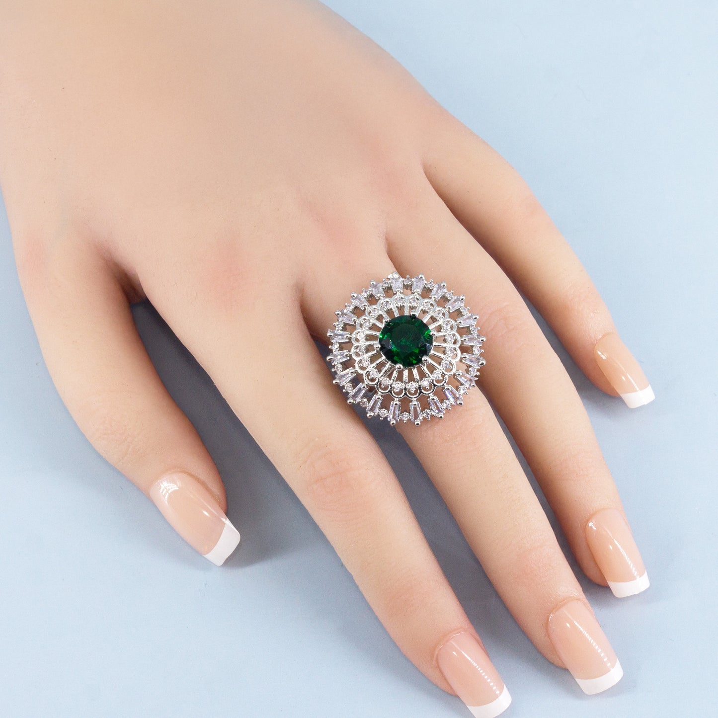 Rhodium Plated Green AD Designer Adjustable Ring for Women