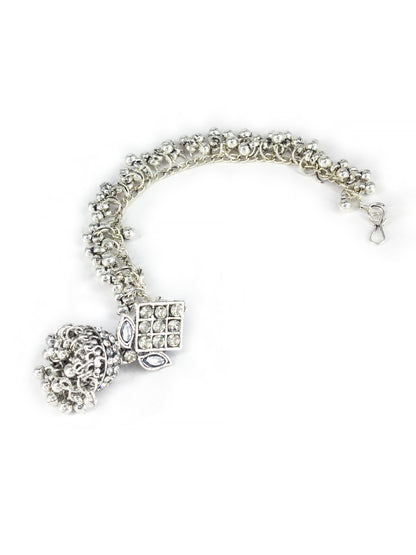 Silver Oxidised Artificial Stone Earrings with Ear Chain for Women