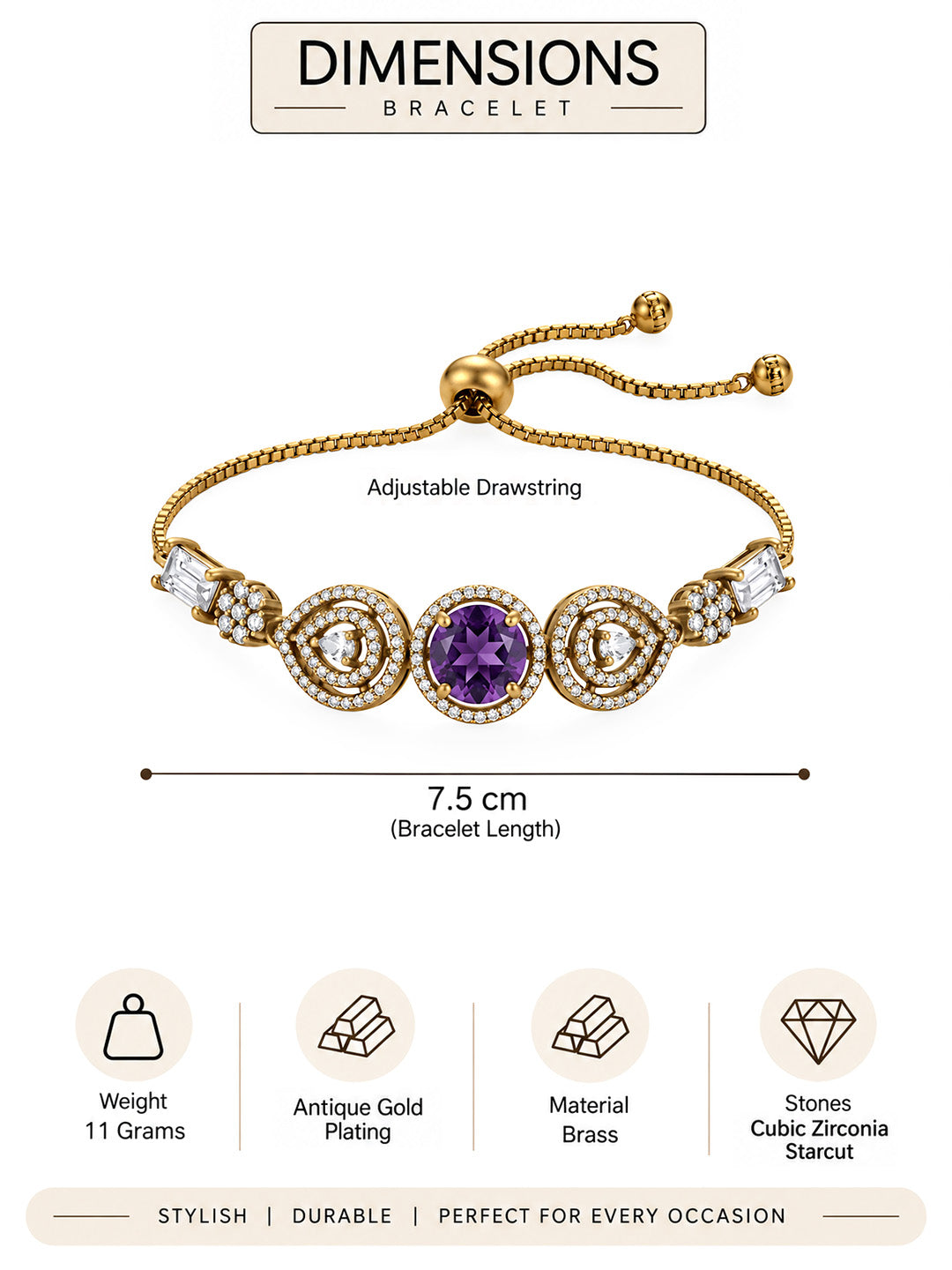 Antique Gold Plated Purple AD Bracelet for Women