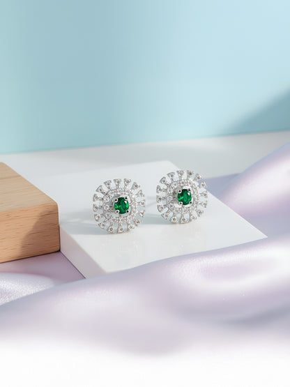 Silver Plated Green & White AD Studs For Women