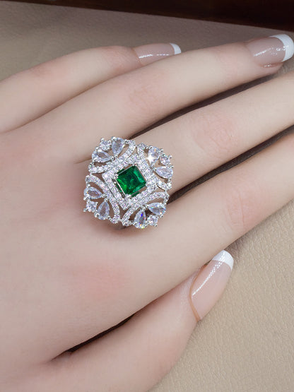 Silver-Plated American-Diamond Studded Floral Design Adjustable Finger Ring