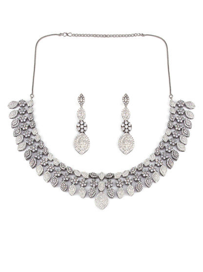 Silver Plated Black AD Floral Designer Jewellery Set