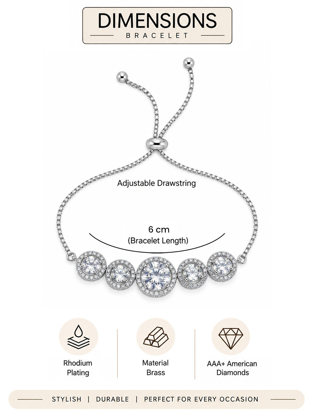 Rhodium Plated AD Adjustable Bracelet for Women