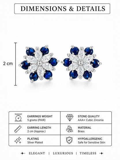 Silver Plated Blue Floral Stud Earrings for Women