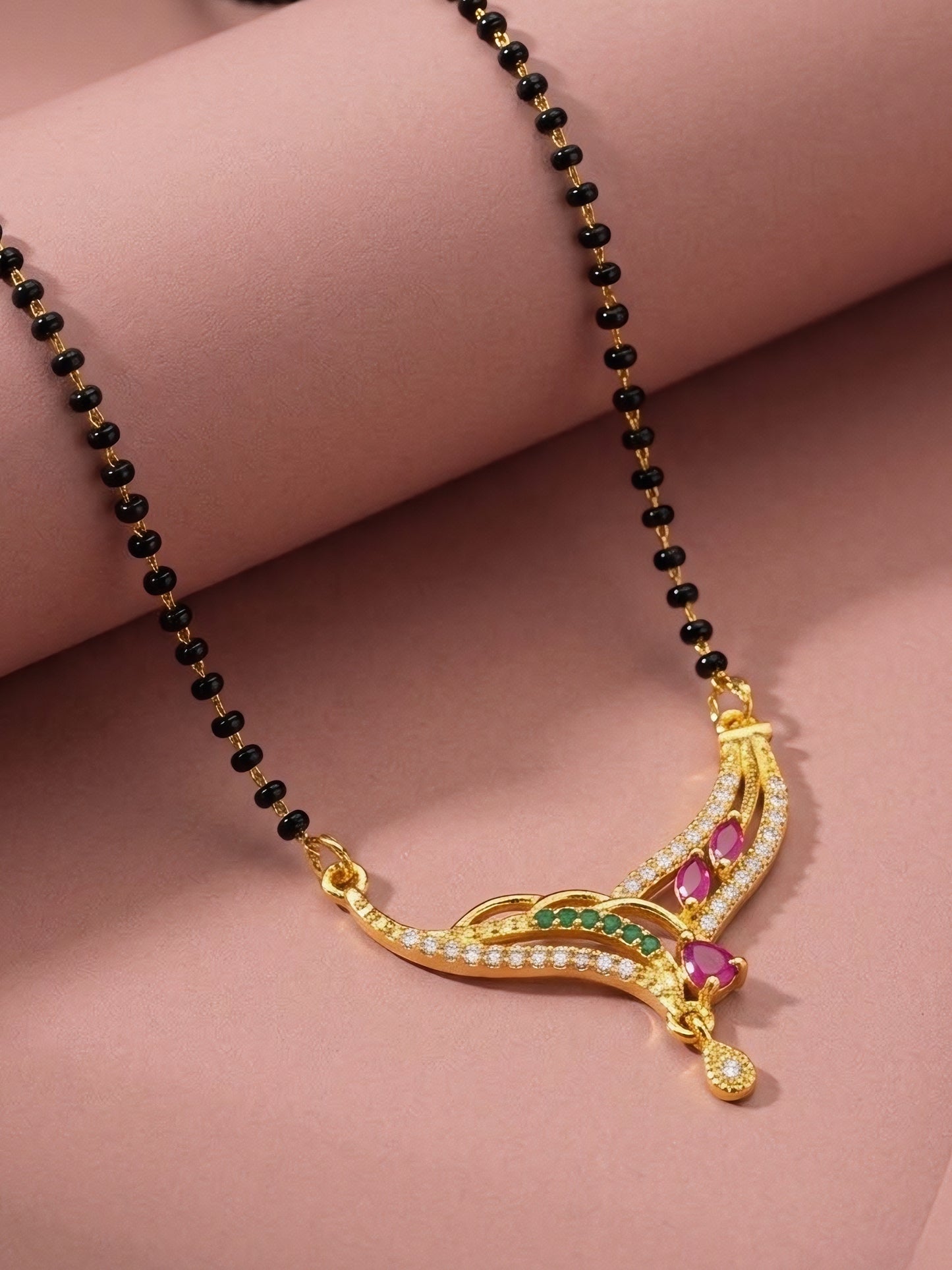 Gold Plated Red & Green AD Mangalsutra For Women