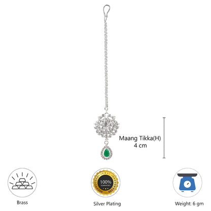 Silver Plated Green AD Maang Tikka for Women
