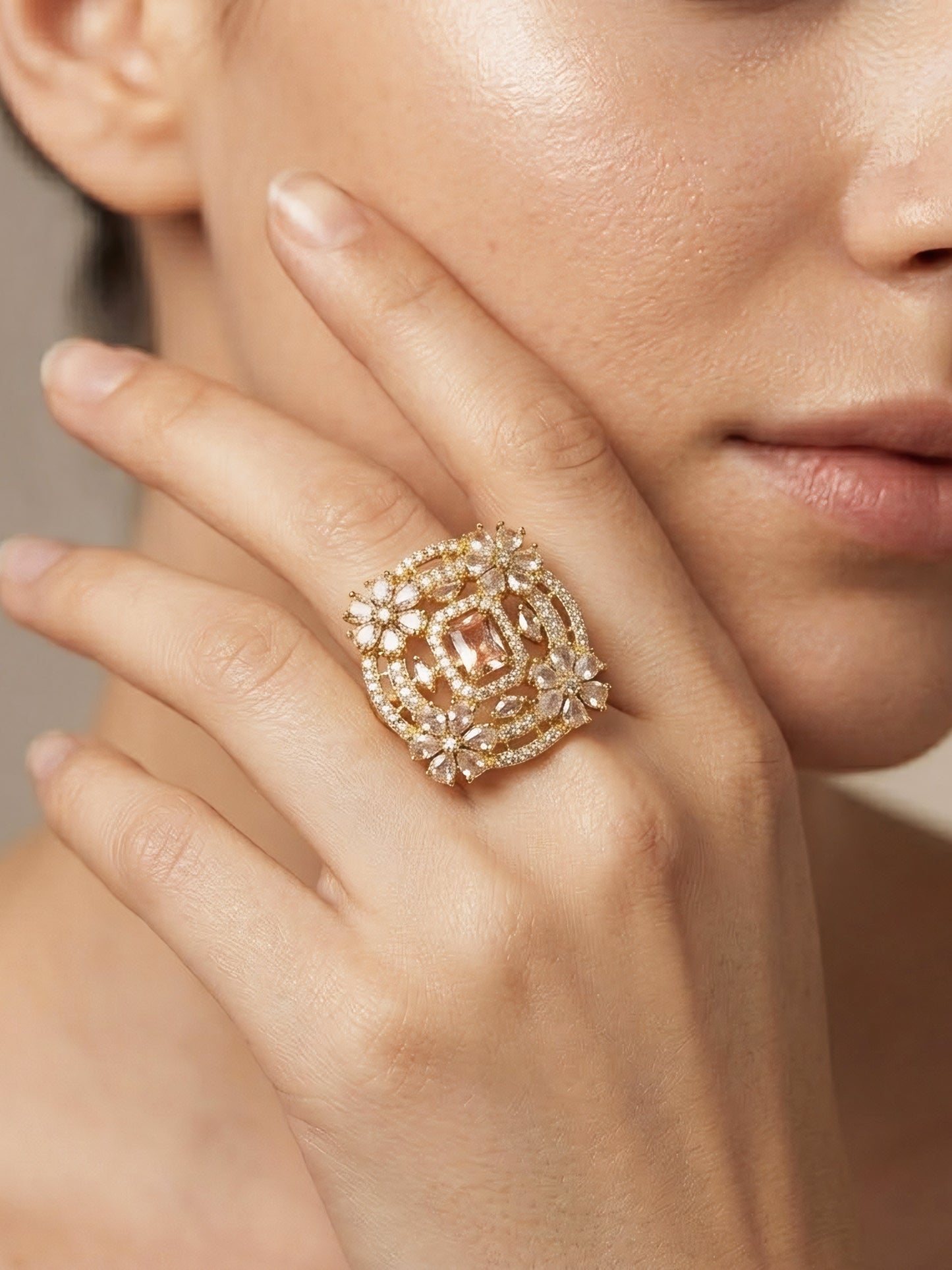Gold Plated Pink AD Floral Finger Ring for Women
