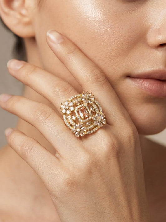 Gold Plated Pink AD Floral Finger Ring for Women