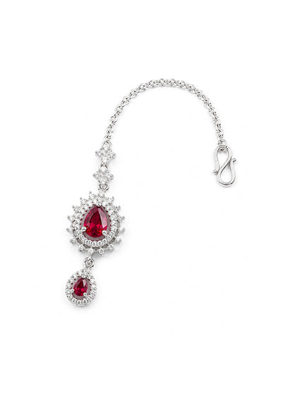Silver Plated Red AD Maang Tikka for Women