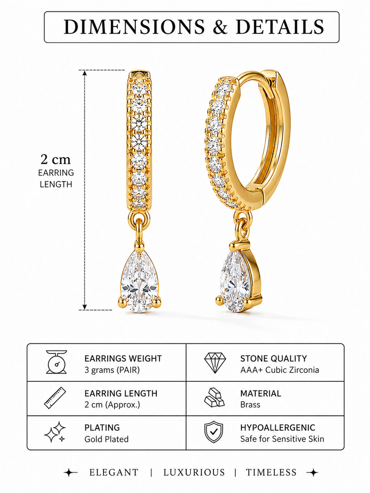 Gold Plated AD Drop Hoop Earrings for Women
