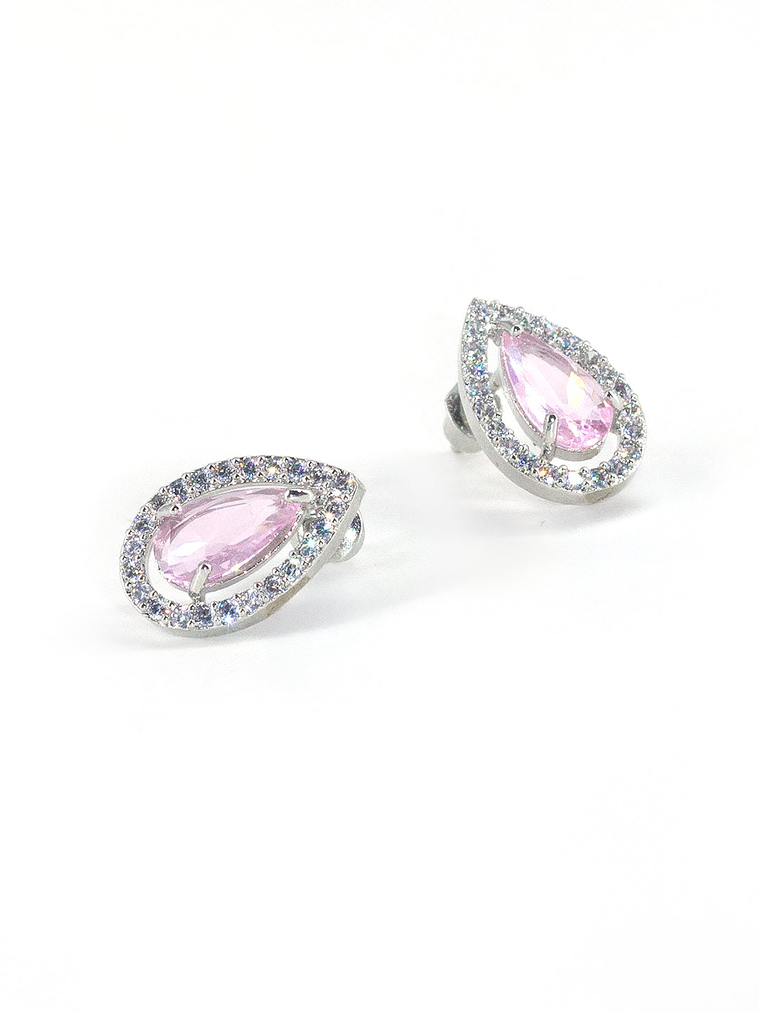Rhodium Plated Pink Tear Drop American Diamond Pendant Set