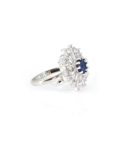 Silver-Plated American-Diamond Studded Floral Design Adjustable Finger Ring