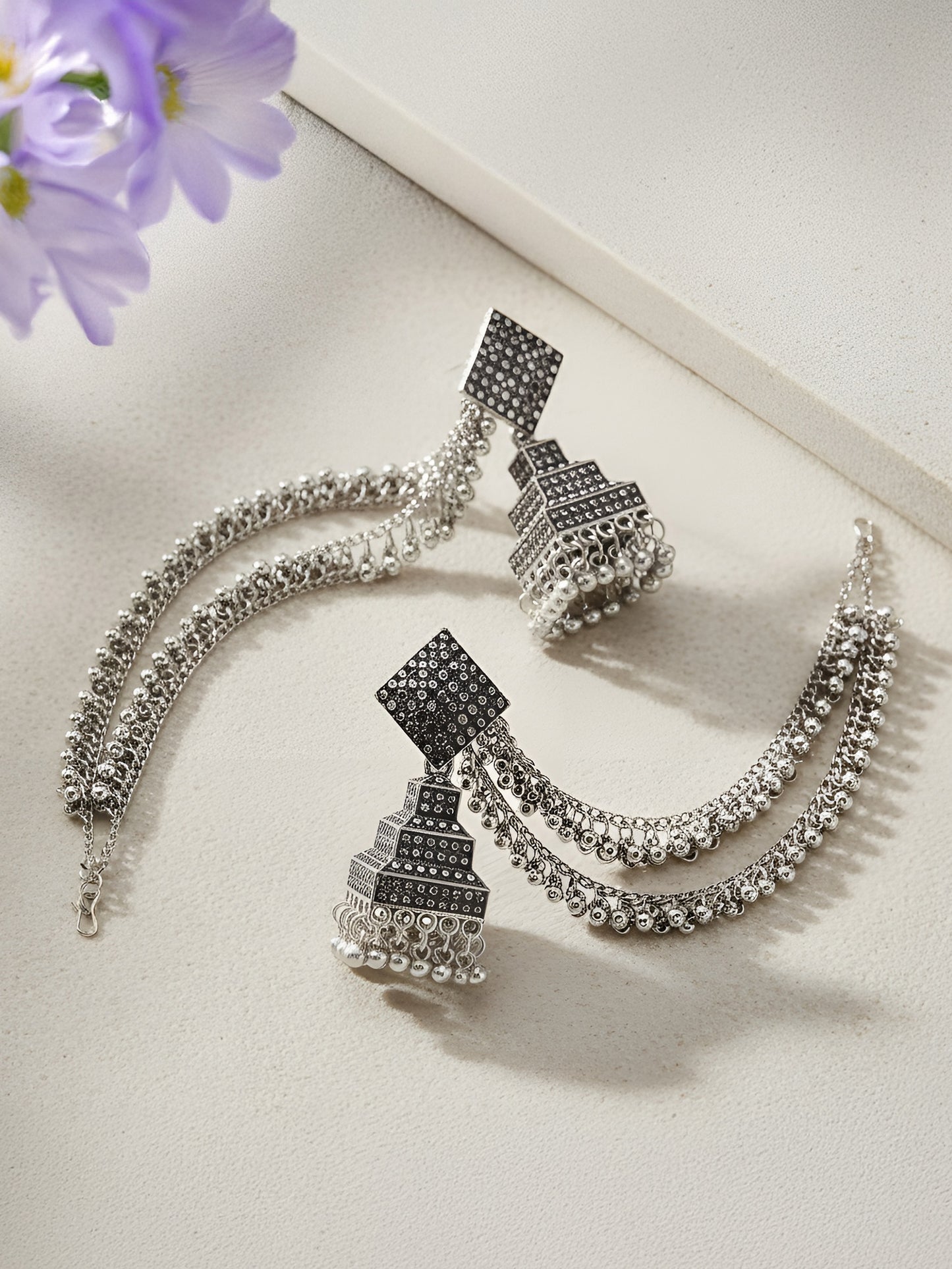 Silver Oxidised Jhumka Earring with Double Layer Ear Chain
