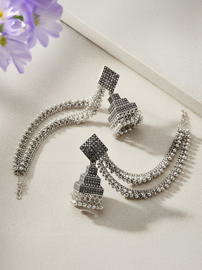 Silver Oxidised Jhumka Earring with Double Layer Ear Chain