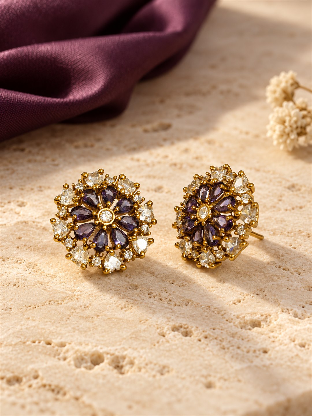 South Indian Gold Plated Purple AD Floral Stud Earrings for Women