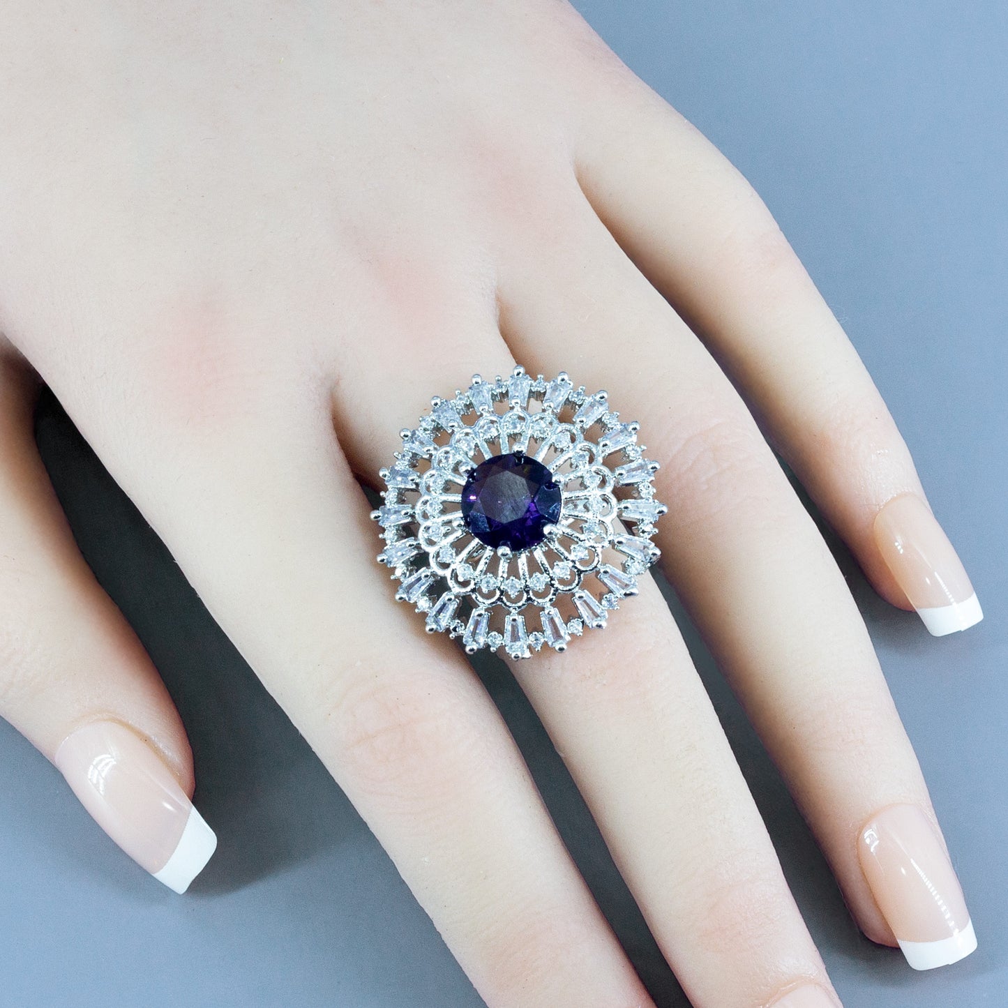 Rhodium Plated Purple AD Designer Adjustable Ring for Women