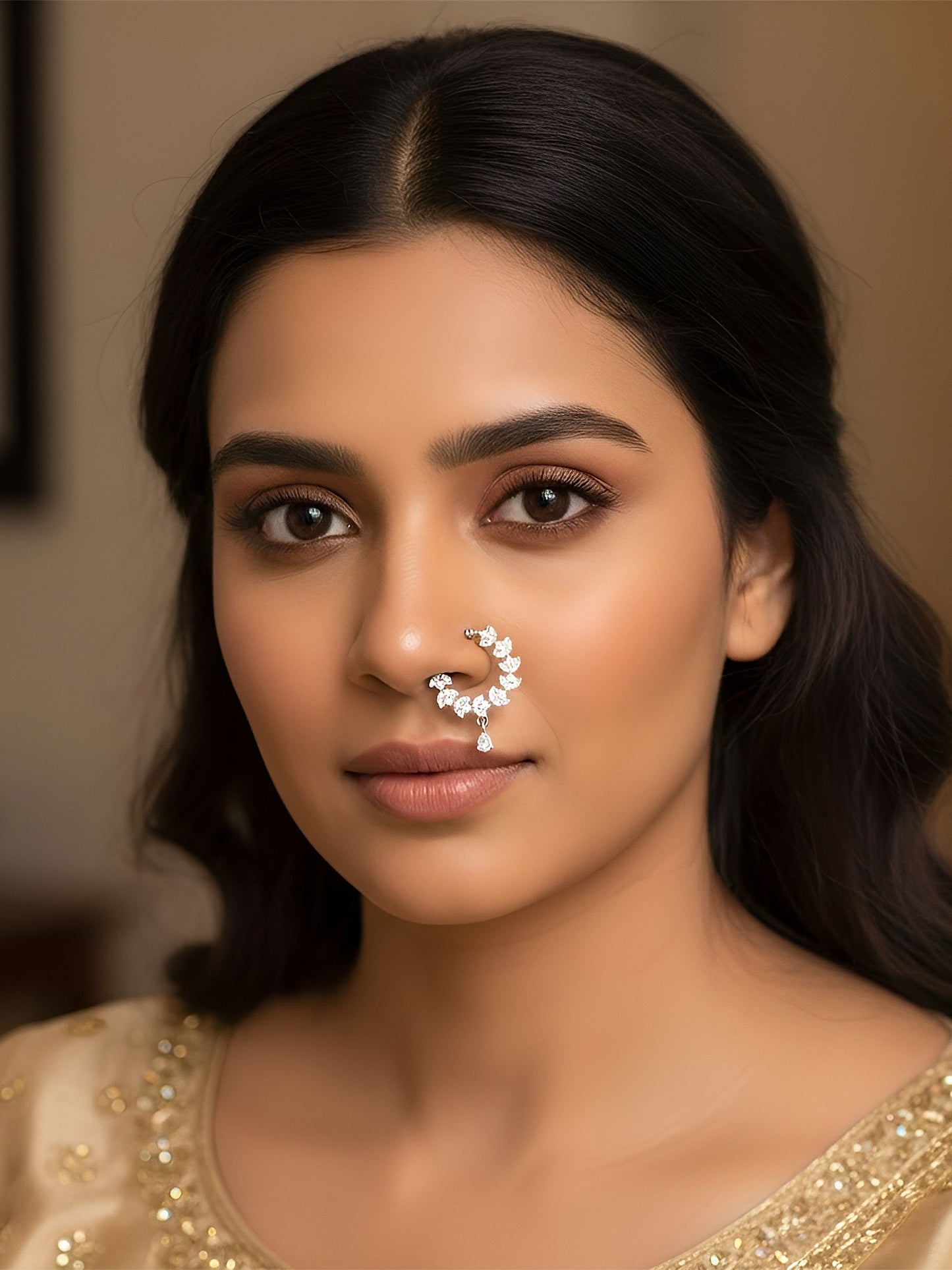 Silver Plated American Diamond Bridal Non- piercing Nose Ring