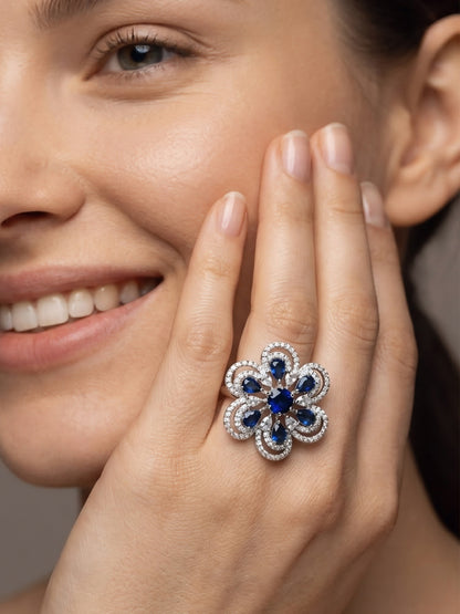 Silver Plated Blue Floral Finger Ring for Women