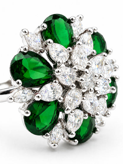 Rhodium Plated Green AD Finger Ring for Women