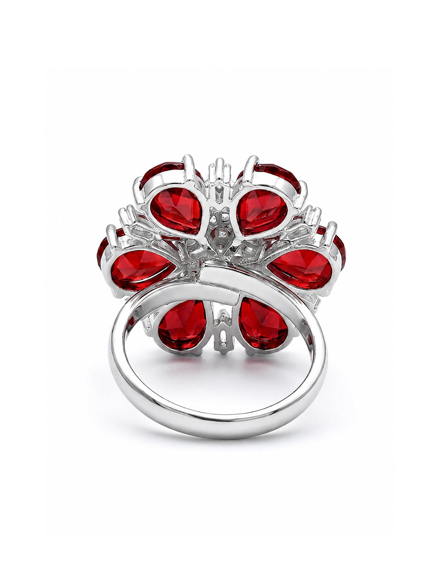 Silver Plated Red AD Floral Finger Ring for Women