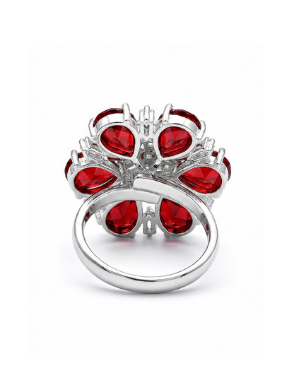 Silver Plated Red AD Floral Finger Ring for Women