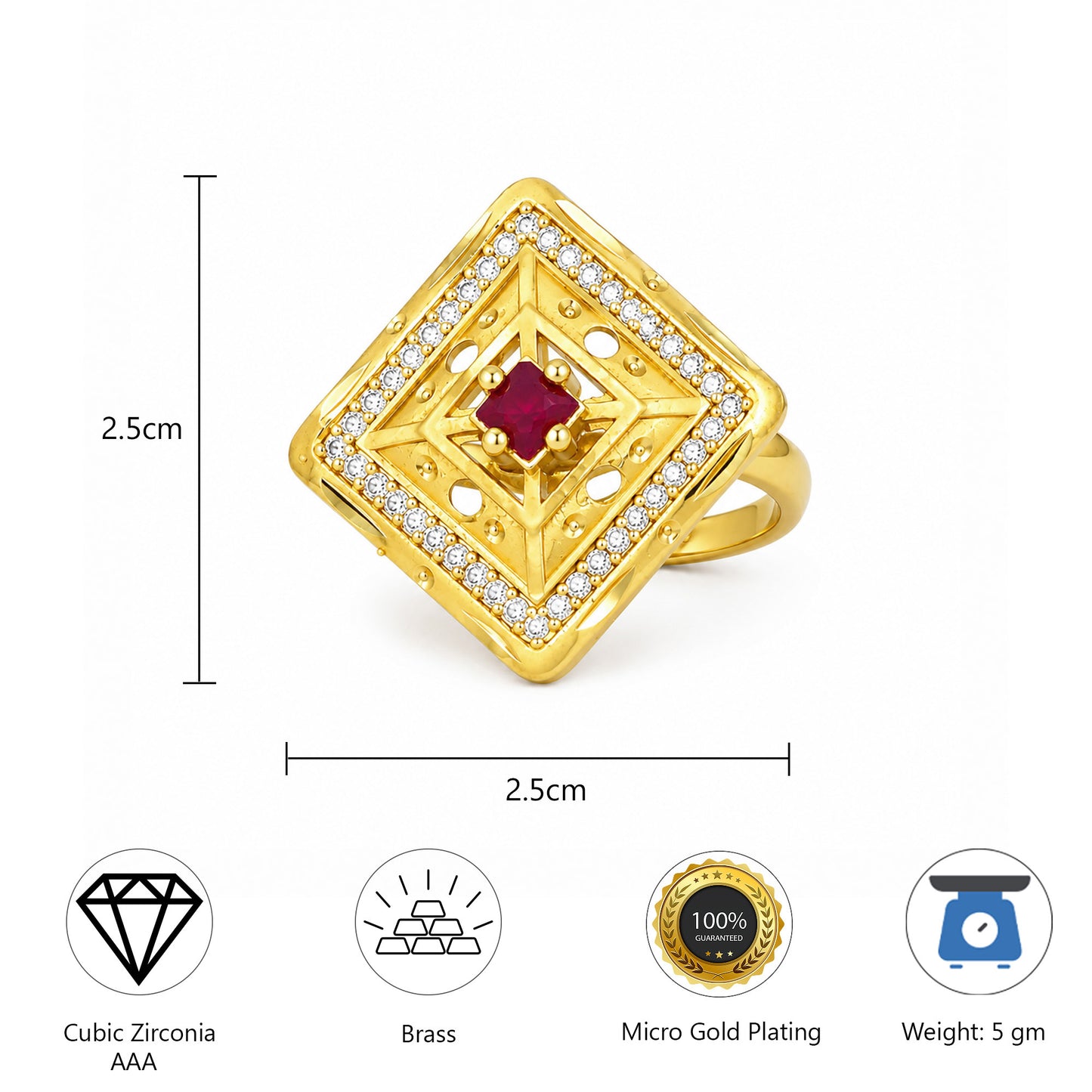 Gold Plated Anti Tarnish Red AD Finger Ring for Women