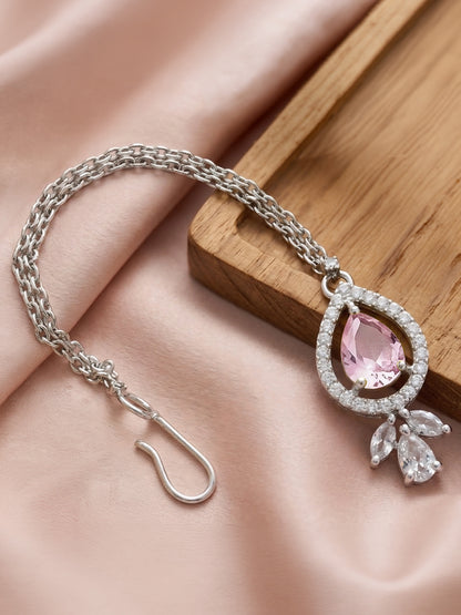 Silver Plated Pink AD Maang Tikka for Women