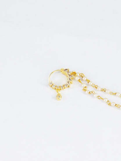 Gold Plated AD Nose Ring with 2 line Pearl Chain