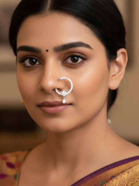 Silver Plated White American Diamond Bridal Floral Drop Nose Ring for Women