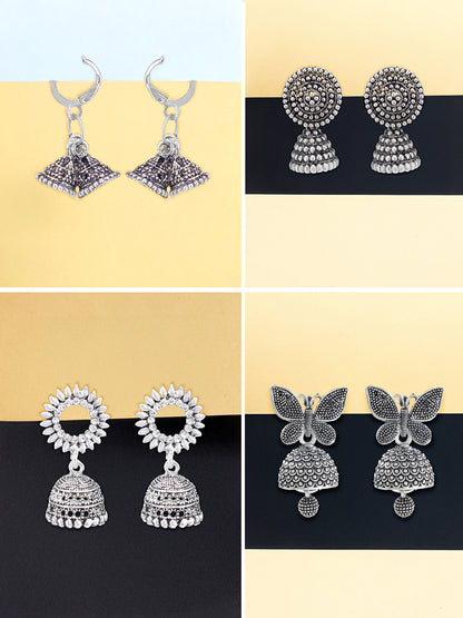 Set of 4 Silver-Oxidised Small Jhumki Earrings