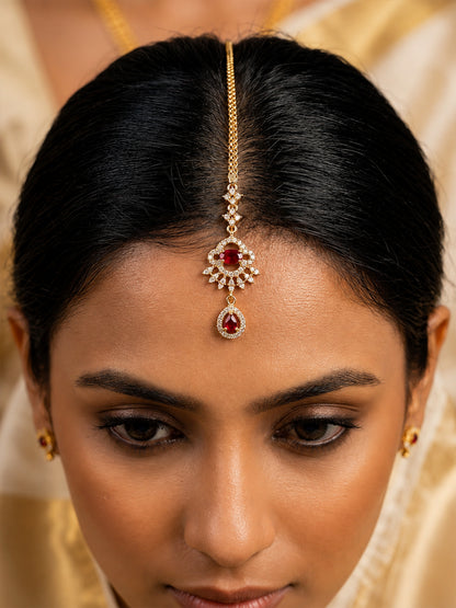 Gold Plated Red AD Maang Tikka for Women