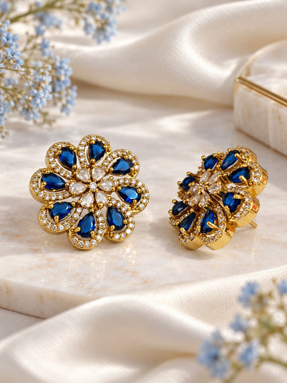 South Indian Gold Plated Blue AD Floral Stud Earrings for Women