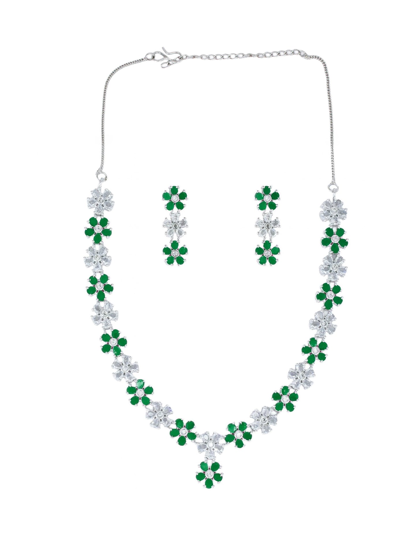 Silver Plated Green AD Floral Jewellery Set for Women