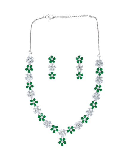 Silver Plated Green AD Floral Jewellery Set for Women